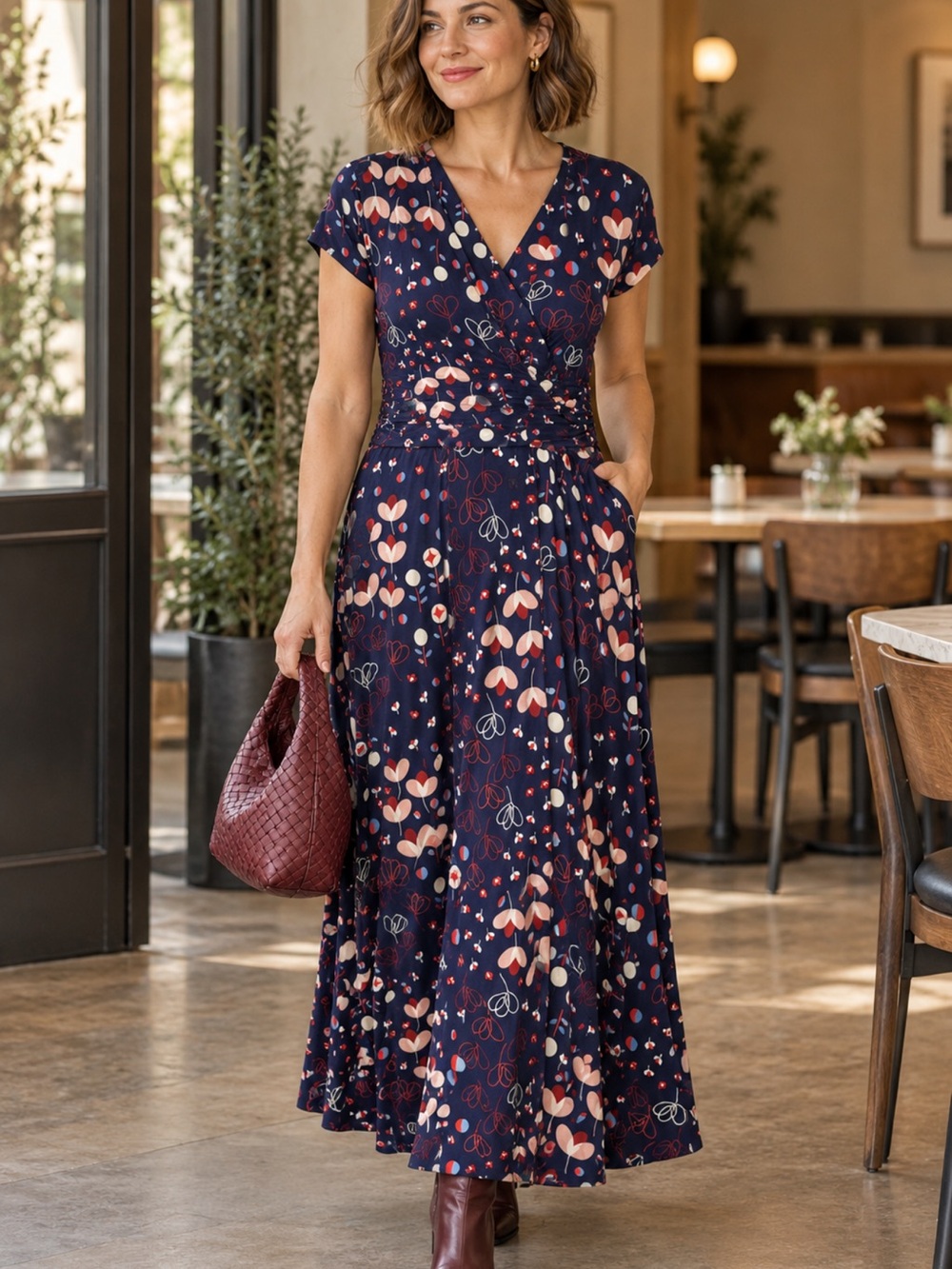 Boden Maxi Dress Jersey Pockets Floral Faux Wrap Ruched Waist Navy US 8R